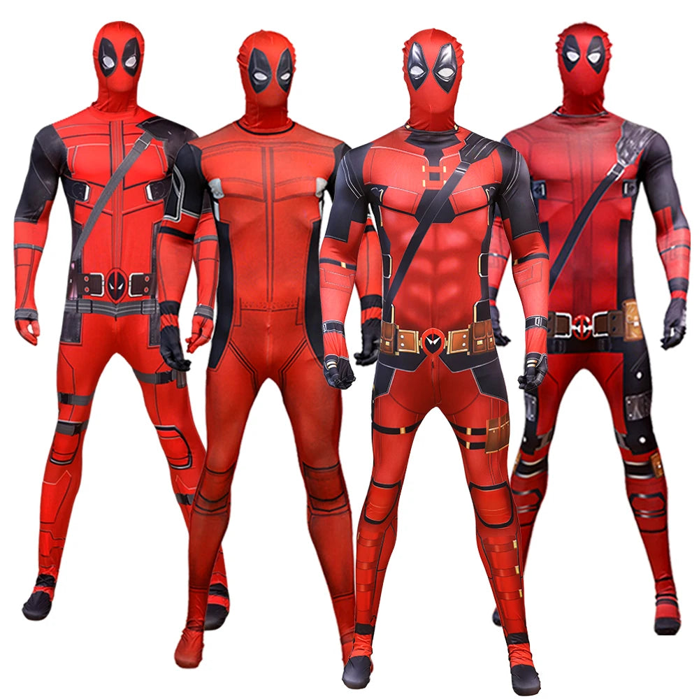 2025 New Superhero Deadpool Costume Adults Kids Halloween Cosplay Jumpsuit Bodysuit with Accessories Backpack Movie Character