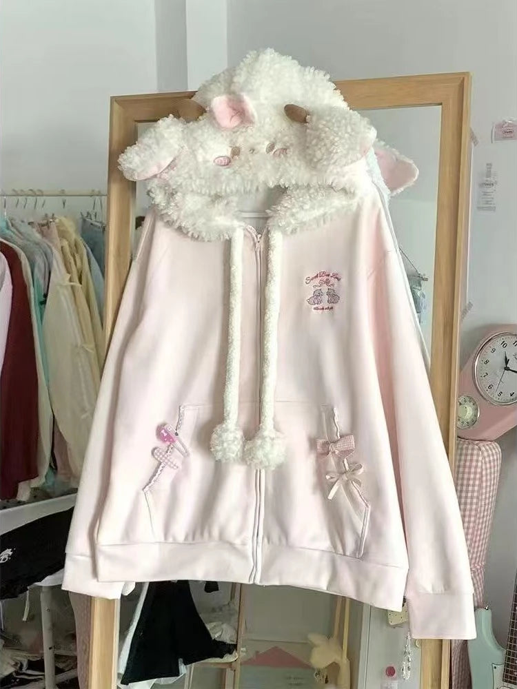 Kawaii Sweet Long Sleeve Hooded Hoodie Autumn New Japanese Pink Loose Lovely Coat Women's Design Warm Pretty Embroidery Overcoat