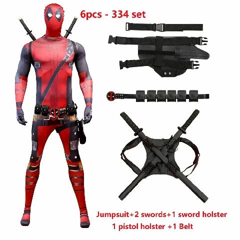 2025 New Superhero Deadpool Costume Adults Kids Halloween Cosplay Jumpsuit Bodysuit with Accessories Backpack Movie Character