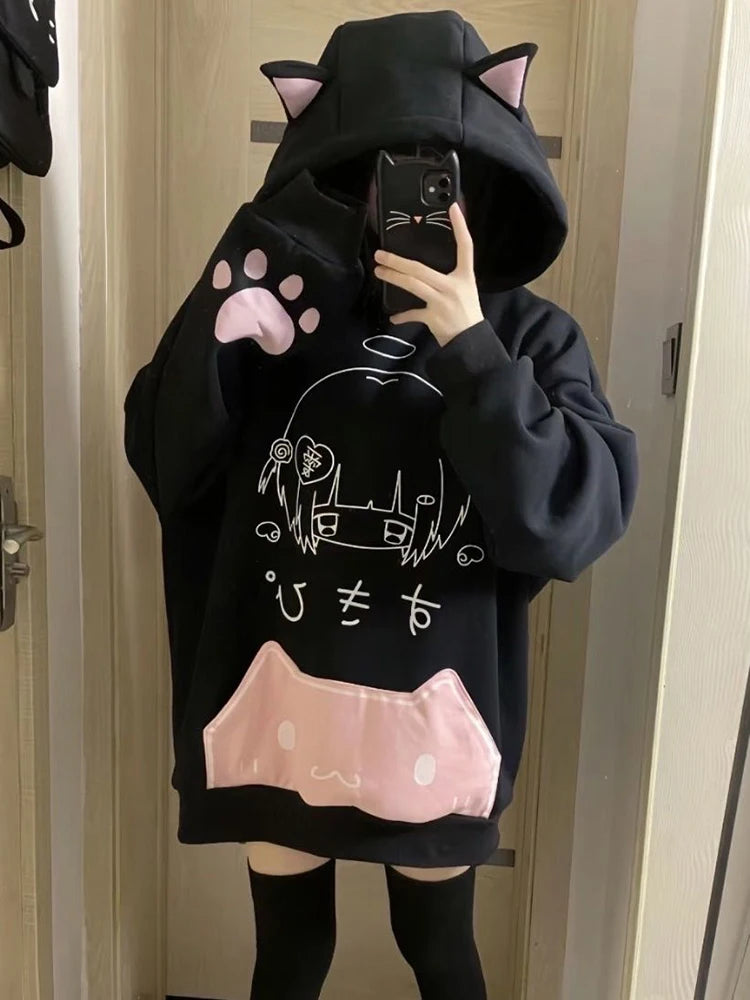 Japanese Cartoon Print Hoodies Subculture Sweet Cute Cat Ears Women Hooded Sweatshirts Fall Winter Harajuku Kawaii Loose Tops