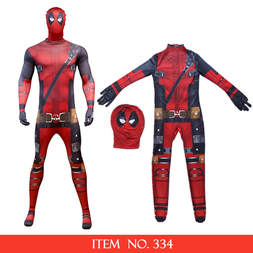 2025 New Superhero Deadpool Costume Adults Kids Halloween Cosplay Jumpsuit Bodysuit with Accessories Backpack Movie Character
