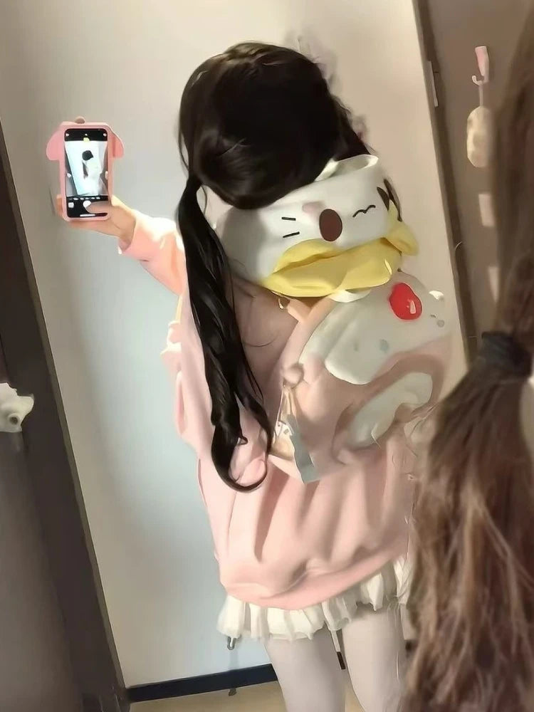 Kawaii Sweet Long Sleeve Hooded Hoodie Autumn New Japanese Pink Loose Lovely Coat Women's Design Warm Pretty Embroidery Overcoat